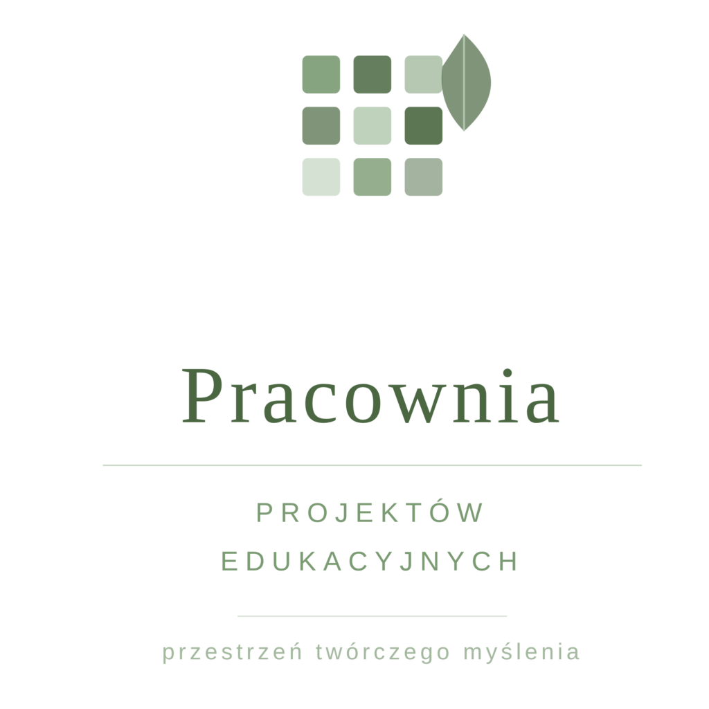 Minimalistyczne logo w odcieniach zieleni z geometrycznym motywem kwadratów i liścia, z napisem „Pracownia Projektów Edukacyjnych” oraz hasłem „przestrzeń twórczego myślenia”.